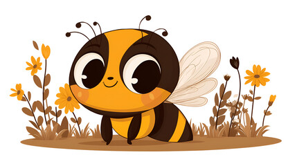 Cute cartoon bee illustration with big eyes, smiling expression, surrounded by colorful flowers in a whimsical garden setting, showcasing a joyful nature theme