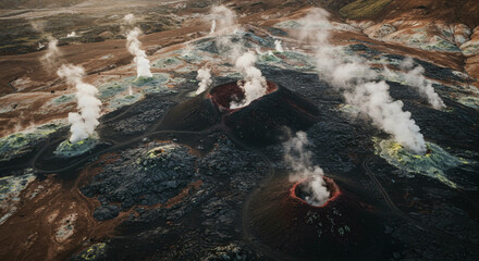 Aerial view of geothermal area with steaming vents volcanic cones