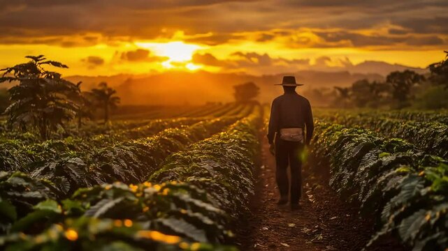 A hardworking individual traverses a vibrant plantation as the sun casts a brilliant golden light.