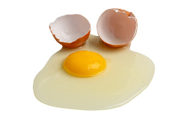 The Photo of a raw egg shell cracking revealing the egg white and raw yolk.