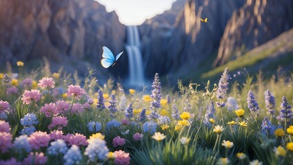 Butterfly flying over wildflower field with waterfall and mountain