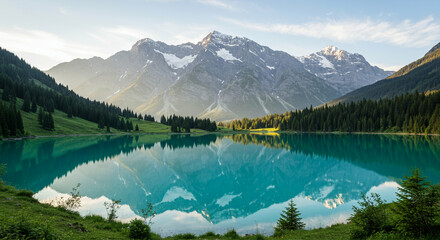 Naklejka premium Alpine lake reflects snowcapped mountains and forested hills under a bright sky