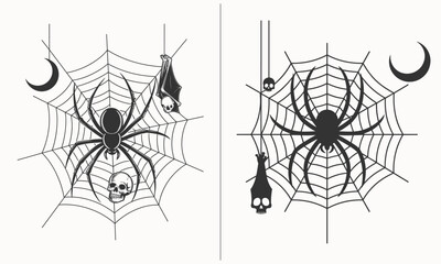 Fototapeta premium Black and White Spider Web with Hanging Skull, Bat, and Crescent Moon, Halloween Themed Illustration of Creepy Spider Web, Gothic Style, Vintage Horror Art for Halloween Decorations and Scary Night Th