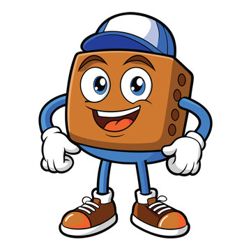 Brown cube character with blue cap and shoes cartoon