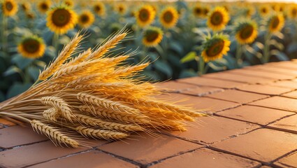 Wheat and Sunflowers in Summer Field