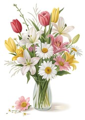 Vibrant Spring Bouquet Lilies Tulips and Daisies in Glass Vase
