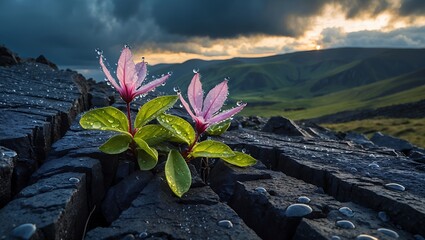 Pink flower growing on black rock
