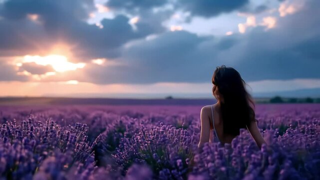 Woman Standing in Field of Purple Flowers at Sunset