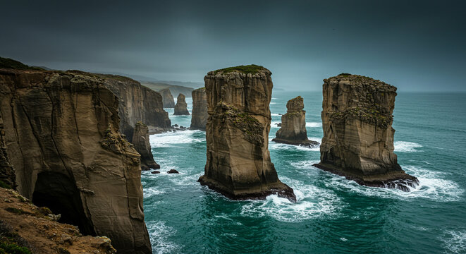 Coastal stacks rise from a teal sea under a gloomy sky eroding cliffs at left - Powered by Adobe