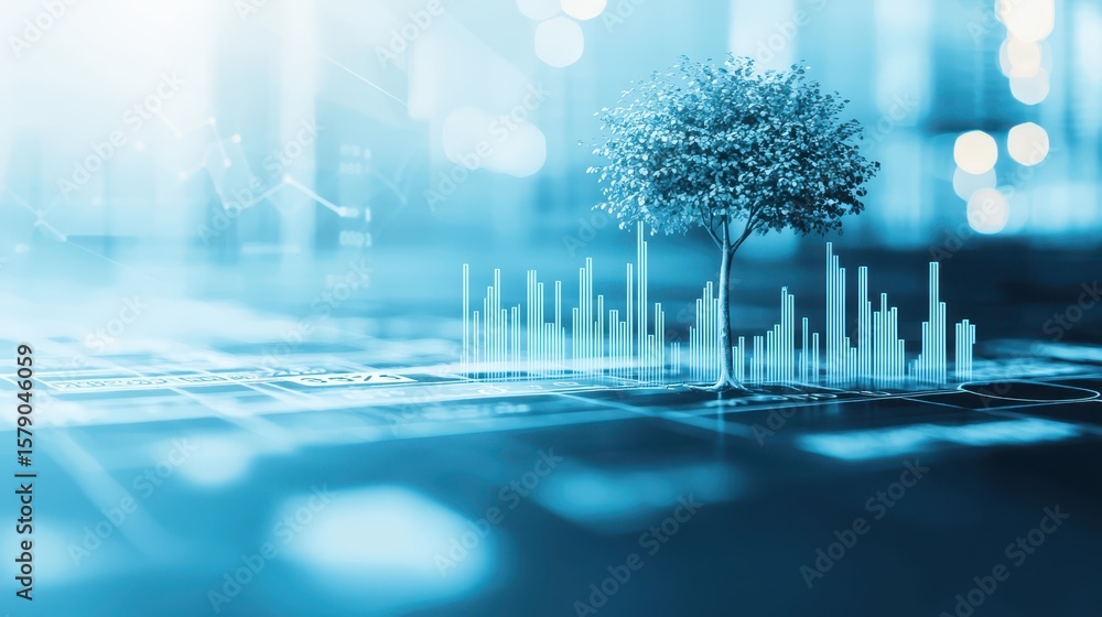 Poster economy balancing assets concept. digital representation of a tree amidst abstract data visualizatio