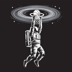 An astronaut slam-dunks a basketball through a Saturn-like hoop in deep space. Vector illustration design. © DesignIMT