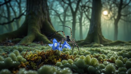 Obraz premium Spider with flower on moss in foggy forest