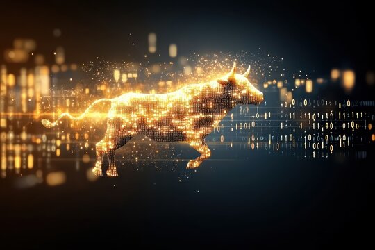 Economy balancing assets concept. A glowing bull silhouette amidst a digital binary backdrop.