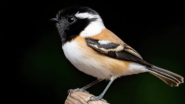 A captivating portrait of a black-capped chickadee perched on a branch, its striking features and vibrant plumage illuminated against a dark, blurred background, showcasing nature's beauty.