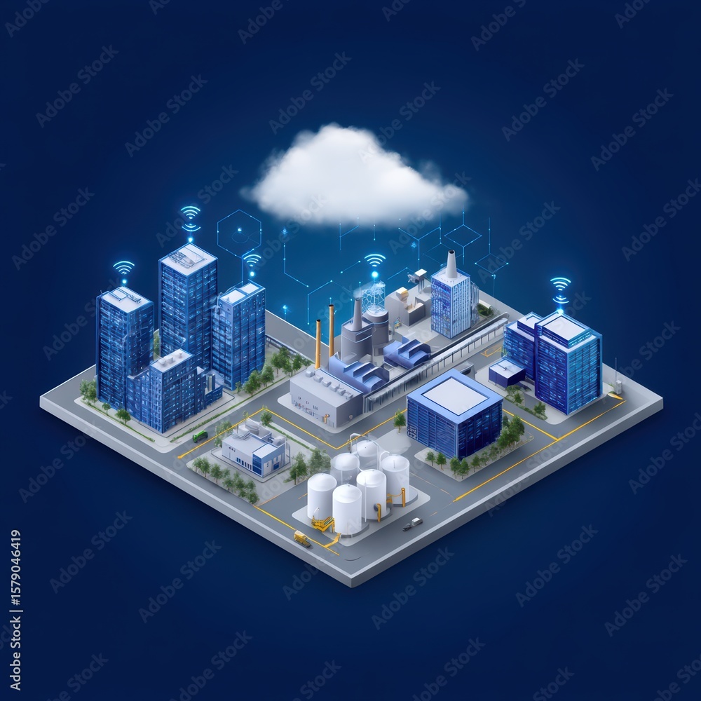 Poster modern industrial complex with smart technology and cloud computing illustration for urban developme