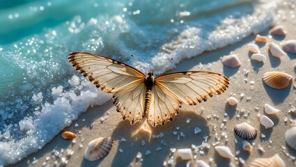 Butterfly at the Beach with Seashells and Waves
