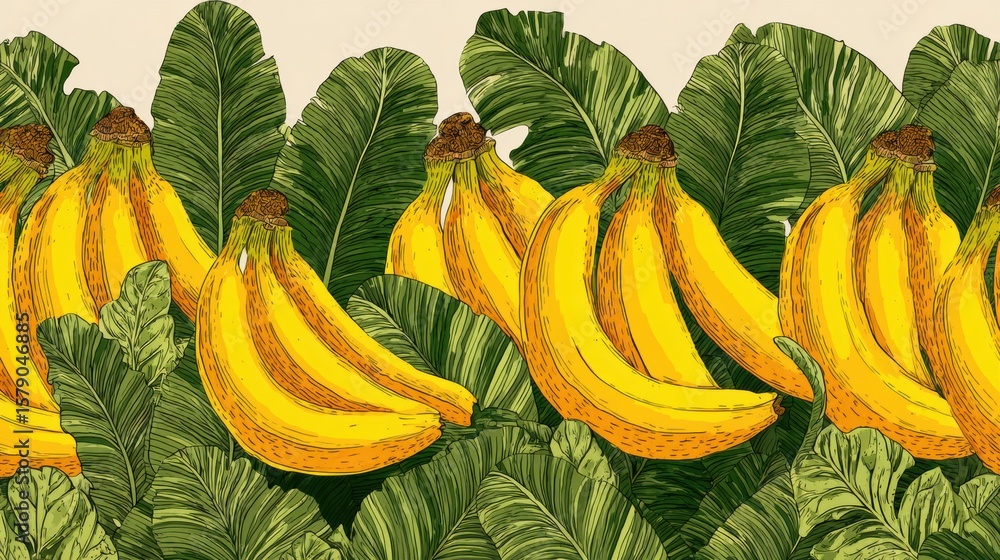 Poster Bright Seamless Pattern of Bananas and Leaves With an Empty Upper Zone for Design Elements or Text Placement