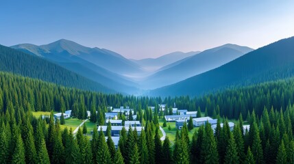 Serene Aerial View of Green Valley Surrounded by Mountains and Pine Forest in Early Morning Light