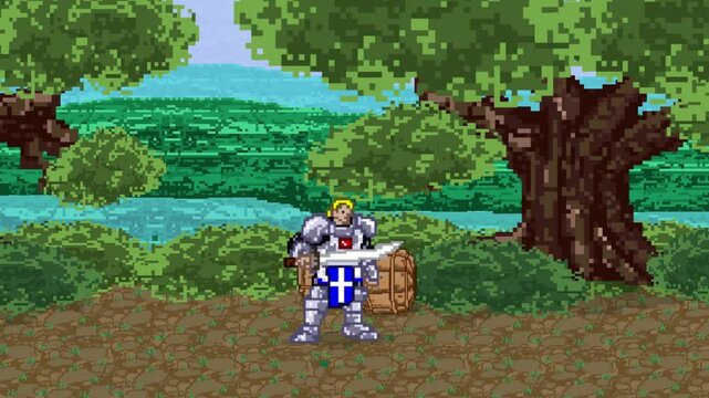 Animation of an old 32-bit game with a medieval soldier walking through the forest with his sword, pixel art, 2D.
