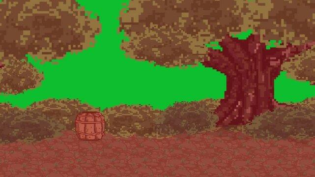 Animation of an old 32-bit game with a moving forest scene on a green background, pixel art.