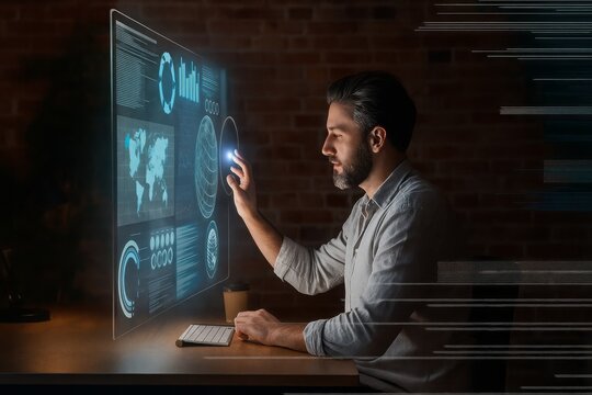 Man interacts with futuristic transparent screen displaying data visualizations, global maps, charts, and graphs, illuminated in a modern office space with dim lighting.