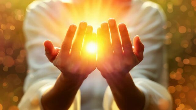 A person's hands delicately cradle a radiant sphere of light, evoking themes of spirituality, energy, and inner illumination. The golden glow emanates hope and transcendence.