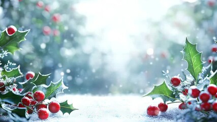 Festive winter scenery, fresh vibrant holly leaves, and berries in the frost against a scenic backdrop of falling snow, invoking the spirit of the Christmas season. - Powered by Adobe