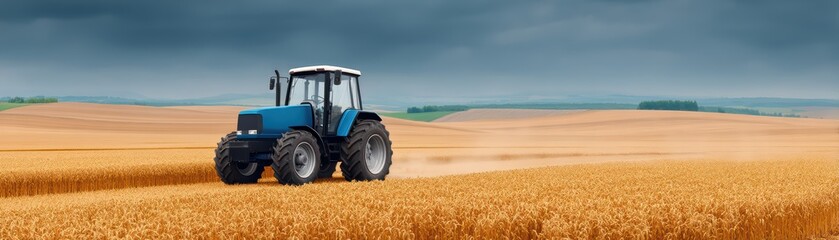 Obraz premium Blue Tractor Plowing Golden Wheat Field Under Dramatic Sky Amidst Rural Landscape in Summer Season