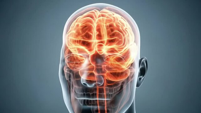 A glowing, detailed medical illustration of the human brain, highlighting neural pathways.