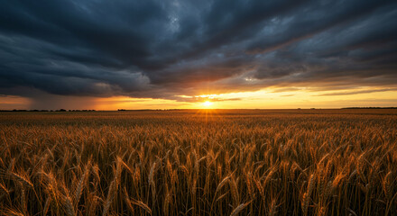 Field of wheat with dark clouds  sunset golden hues on crops