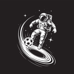 Astronaut balances a soccer ball over a swirling galactic hole in outer space, full of motion, vector illustration design.