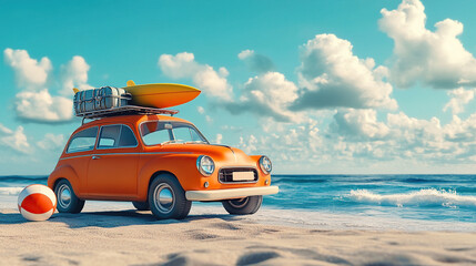Orange car surfboard beach vacation summer holiday travel destination ocean sea clouds sunny skies getaway trip