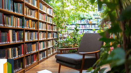 Cozy reading nook in library surrounded by bookshelves filled with colorful books and lush greenery, inviting relaxation and study