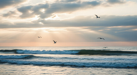 Sunrise over the ocean with birds in flight, tranquil coastal scene.