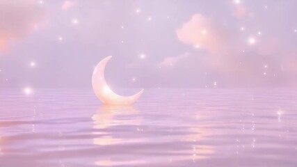 A serene, dreamy image of a crescent moon floating on tranquil water, surrounded by stars and soft clouds, evokes a sense of peace and wonder. The celestial scene is bathed in gentle pastel hues. - Powered by Adobe