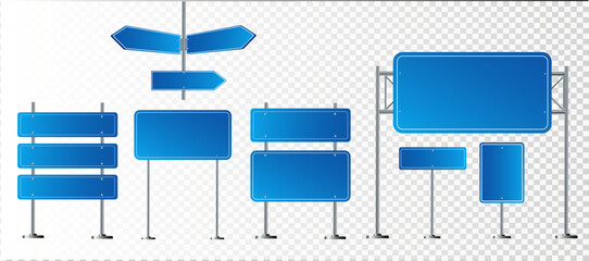 Naklejka premium Road blue traffic signs set. Blank board with place for text. Mockup. Isolated information sign. Direction. Vector illustration
