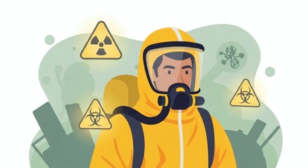 Man in protective suit and respirator mask. Chemical and biological hazard protection. Radiation and biohazard warning signs.