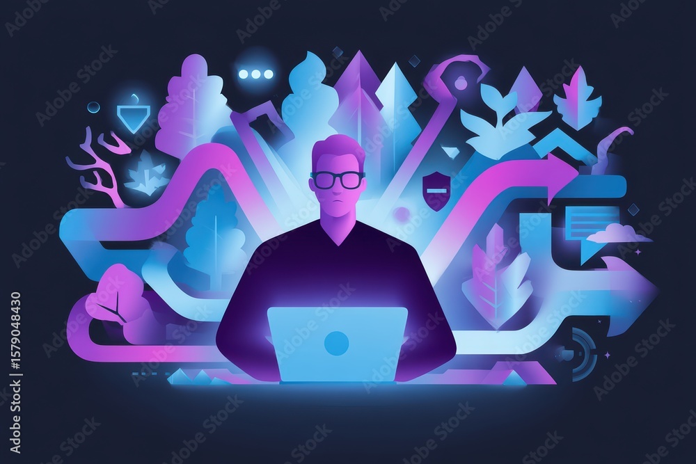 Poster digital workspace concept with abstract elements and a person working on laptop with glowing visuals