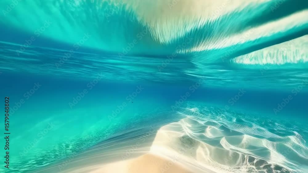 Poster underwater view of clear turquoise water reflecting sunlight on rippled sandy bottom, creating abstr