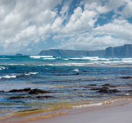 Sea storm. Misty seascape view from beach.