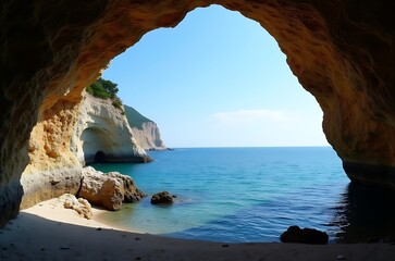 Tranquil Summer Ocean Scene Hidden Beach Coastal Cave View ai generated