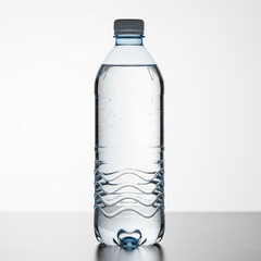 A transparent plastic water bottle filled with clear water, standing upright against a neutral background. The bottle has a gray cap and a wavy grip design near the bottom.