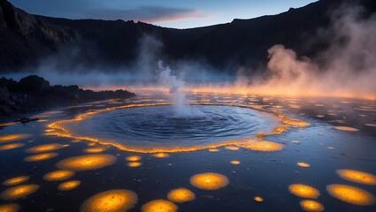 Fototapeta premium Geothermal area with pool of hot water and rising steam
