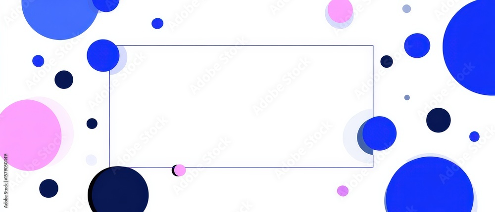 Poster abstract background with blue and pink circles and rectangle frame for text or product placement mod