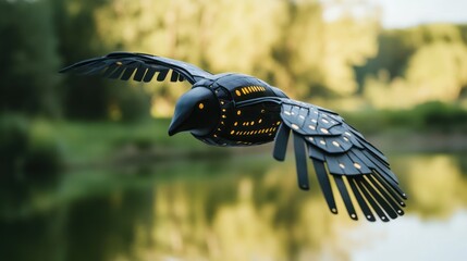 A stylized, robotic bird in flight.