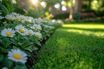 Daisies and green grass in a garden with sunlight shining in the background