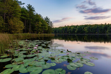 Serene waterscape with lily pads and forest reflecting in the calm lake