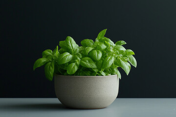 A small bowl filled with fresh green basil leaves against a dark background