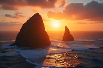 Tranquil Ocean Sunset Landscape Golden Light Rays on Coastal Rocks ai generated