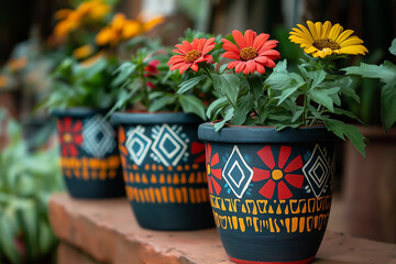 Three painted flower pots with orange and yellow flowers on a stone ledge